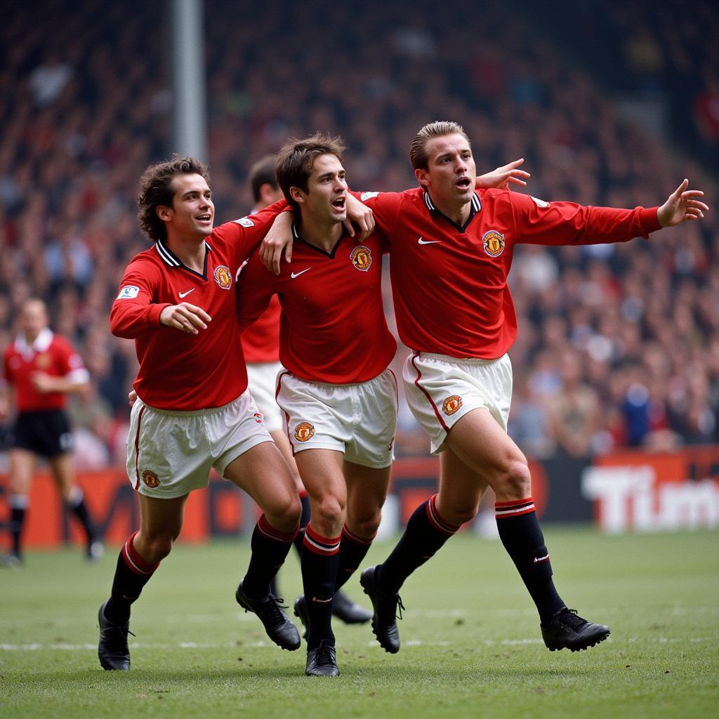 Iconic Manchester United players celebrating a goal