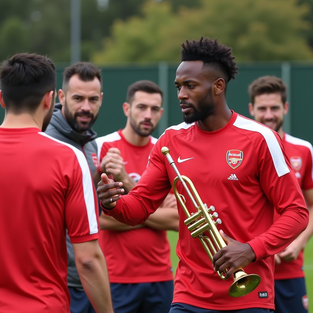 Mikel Arteta Directing Kelvin Playing Trumpet in Arsenal Training