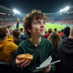 A new football fan watches a football match with excitement and curiosity, learning the rules and appreciating the atmosphere.