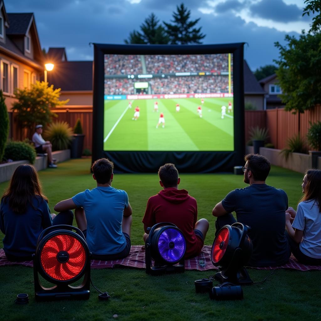 Fans enjoying a football viewing party outdoors with effective ventilation from portable fans