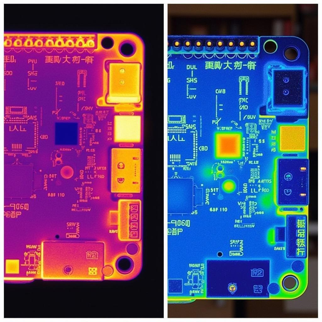 Comparison of a thermal image of an overheated Raspberry Pi 3 versus a cooled Raspberry Pi 3, highlighting the temperature difference and the importance of cooling.