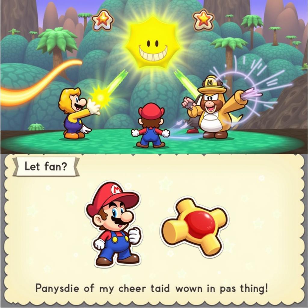 Paper Mario using the Fan Sticker in battle.