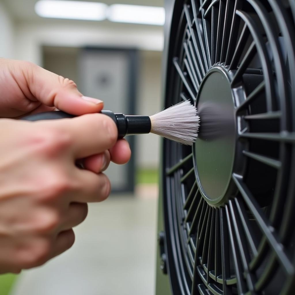 A person cleaning a misting fan