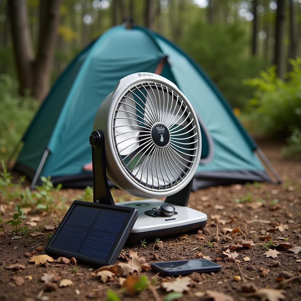 Portable D Light solar fan in use during a camping trip, providing much-needed cooling in an off-grid setting.