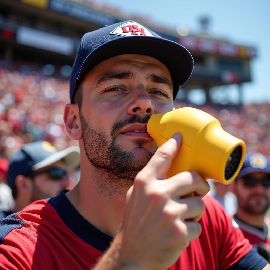 A portable fan cooling down a football fan at a match.