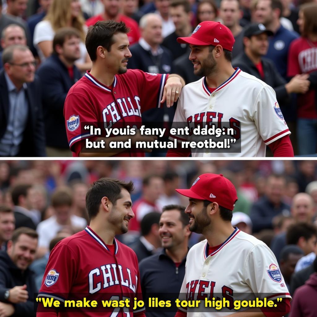 Fans of rival teams interacting respectfully in a stadium