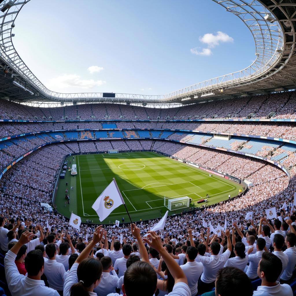 Real Madrid fans filling the Santiago Bernabéu Stadium, creating a vibrant and energetic atmosphere.