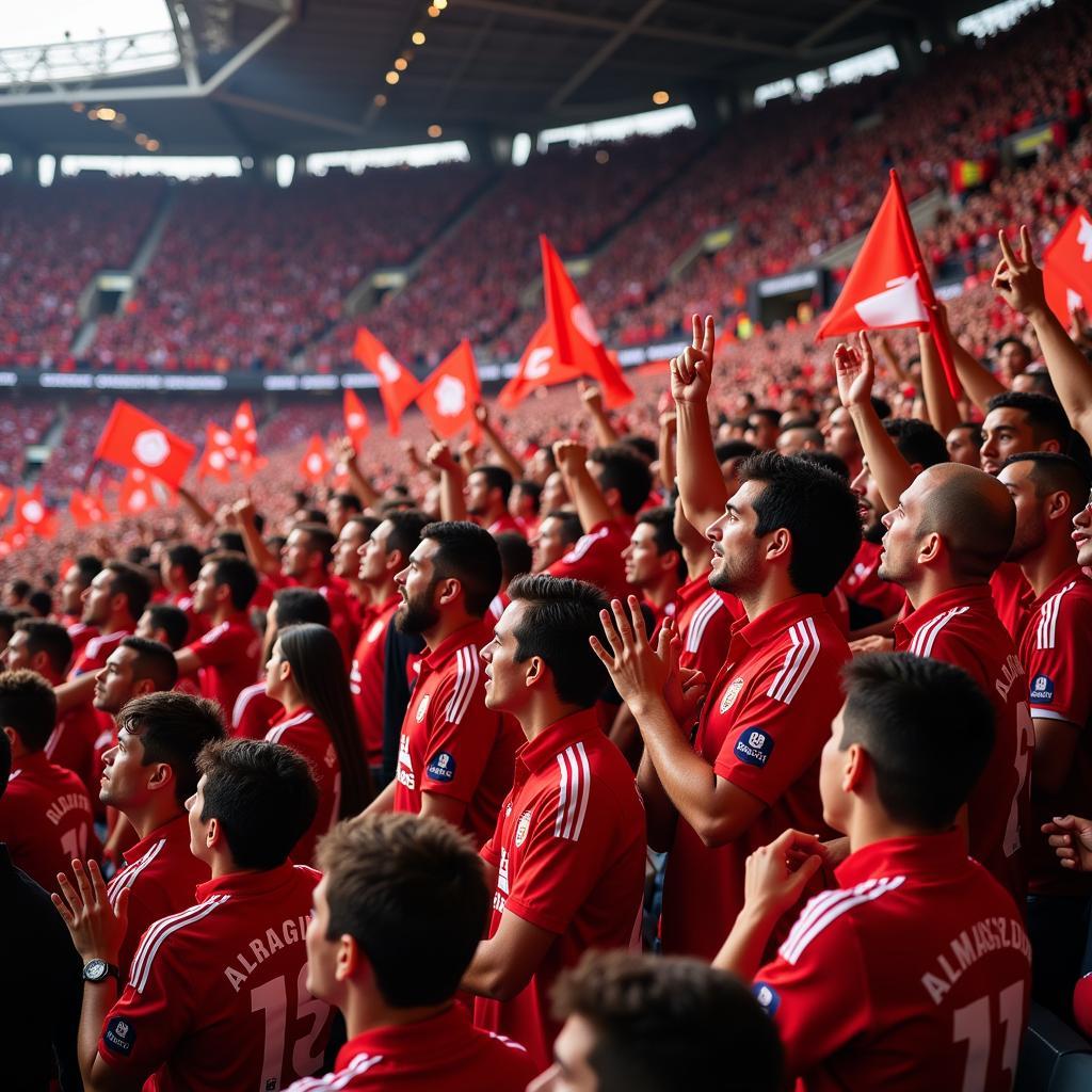 Red-clad football fans passionately cheering for their team in a packed stadium, creating a vibrant and electric atmosphere.