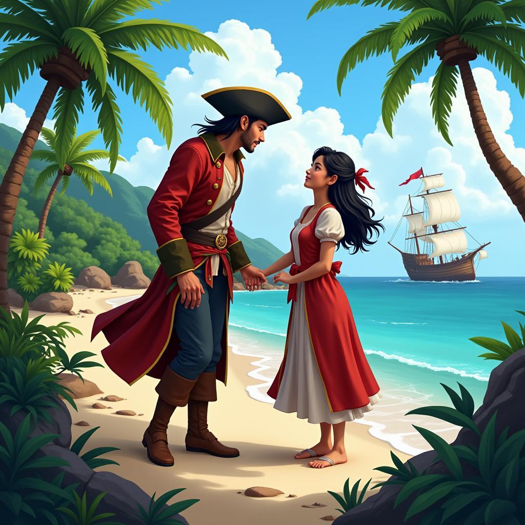 Fan Mều and Redhood Pirate sharing a tender moment amidst a pirate backdrop