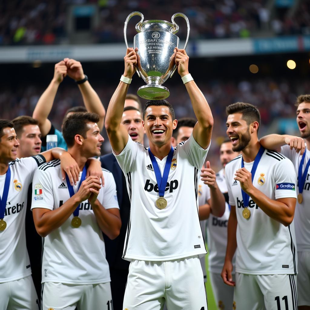 Cristiano Ronaldo celebrating a Champions League victory with Real Madrid