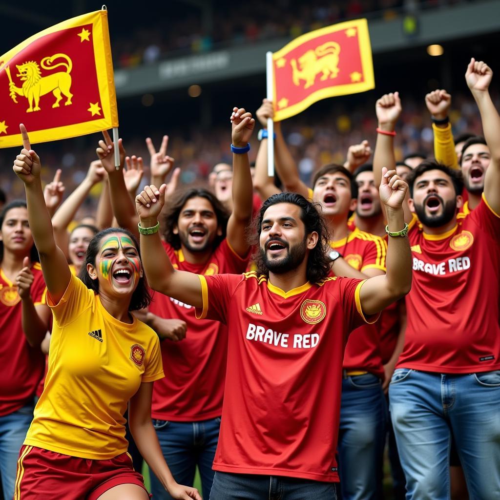 Sri Lankan football fans cheering enthusiastically during a match.