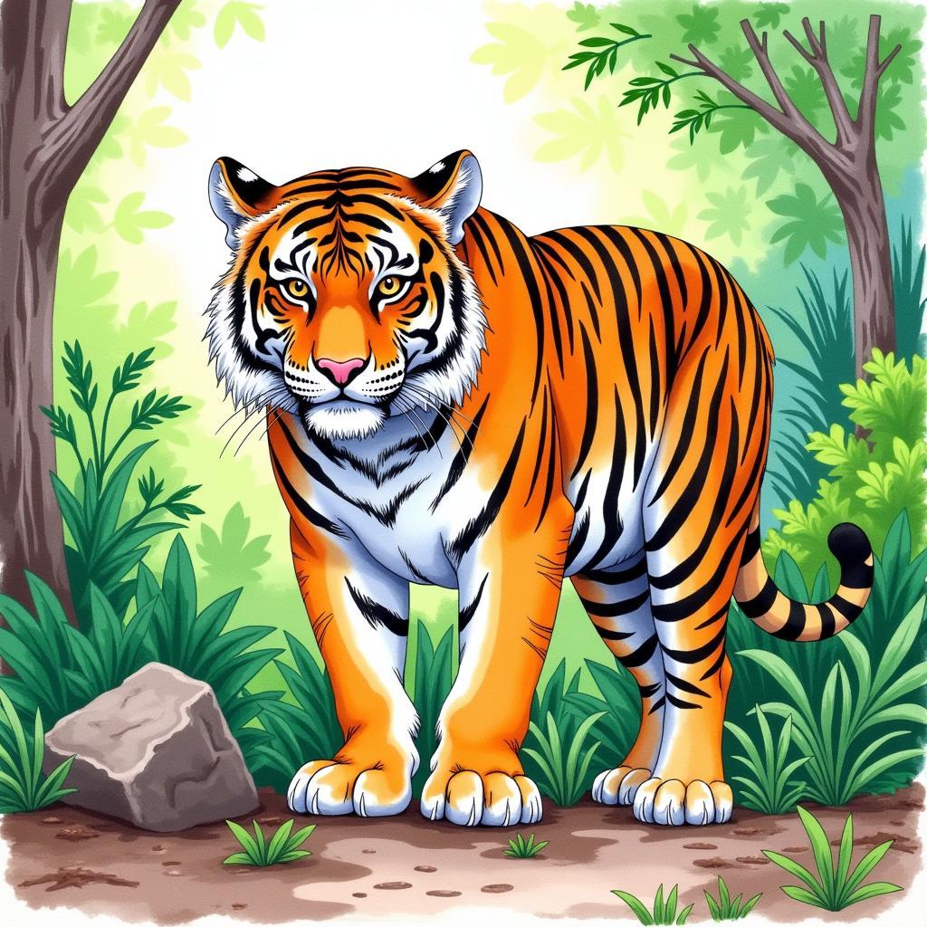 Vibrant Watercolor Tiger Fan Art for Children