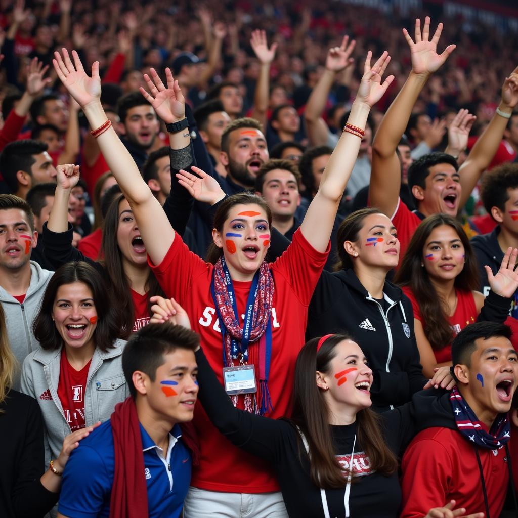 Football fans celebrating a victory, showing the tribal nature of fandom