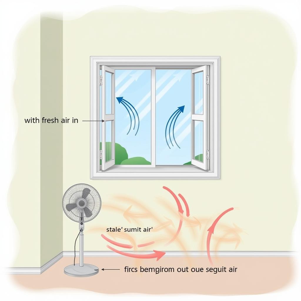 Ventilation and Humidity Control: A diagram illustrating how ventilation helps in controlling humidity levels in a room by exchanging indoor air with outdoor air.