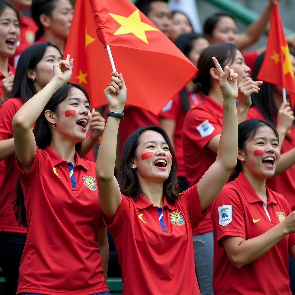 Vietnamese female football fans cheering their team.