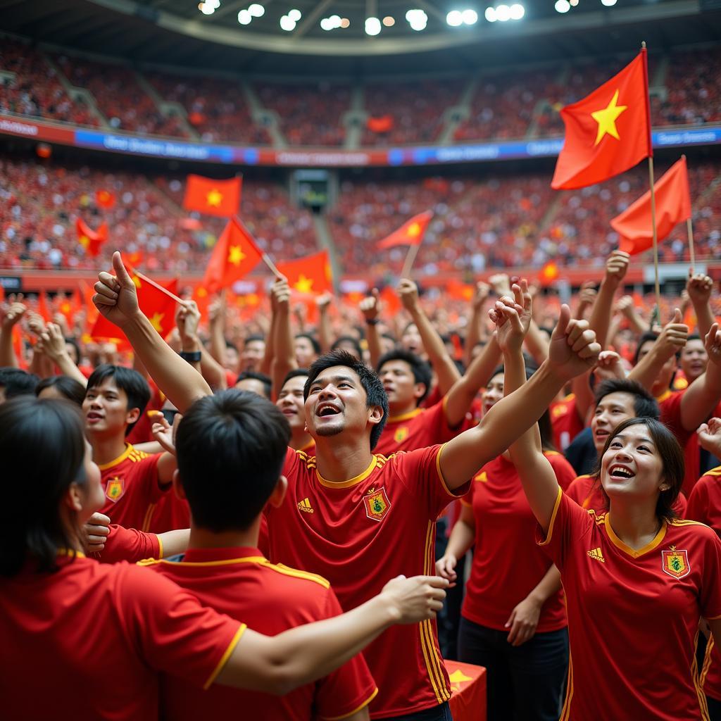 Vietnamese football fans celebrating a victory.