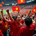 Vietnamese football fans cheering enthusiastically in a packed stadium