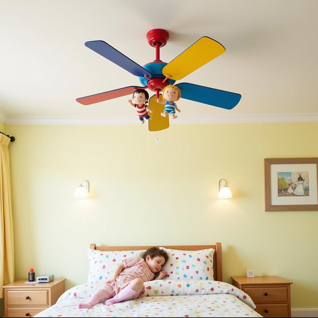 Whimsical ceiling fan cartoon design for a child's bedroom, featuring bright colors and playful characters