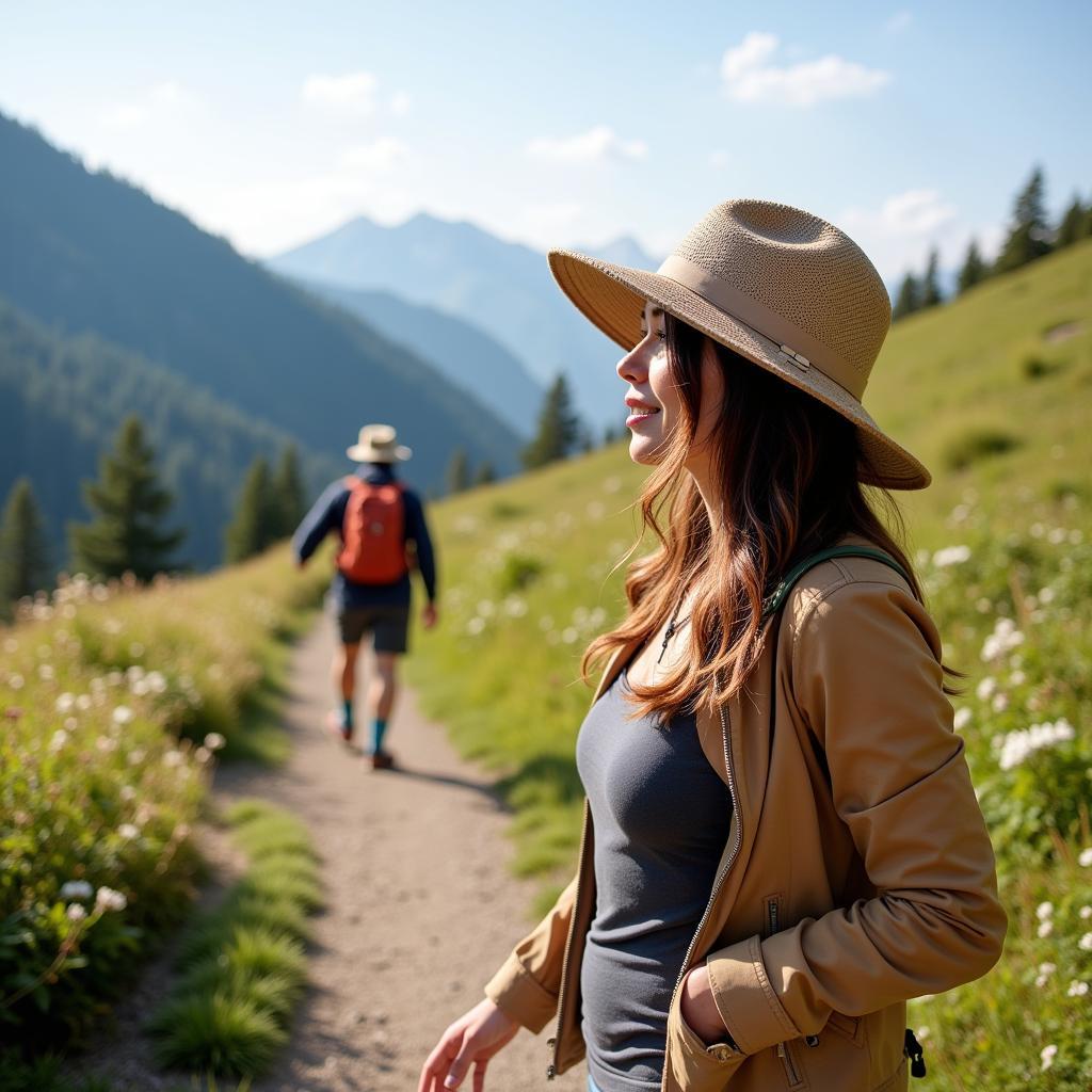 A woman wearing a hat with a fan while hiking on a sunny trail.