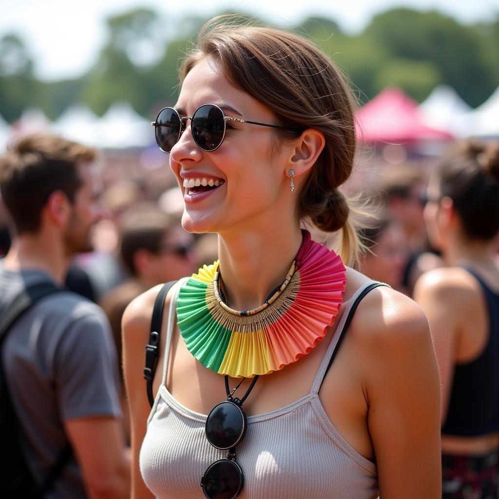 Woman Using Neck Fan at Outdoor Festival