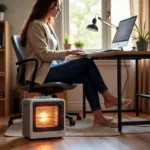 Woman using a portable electric fan forced heater in her home office