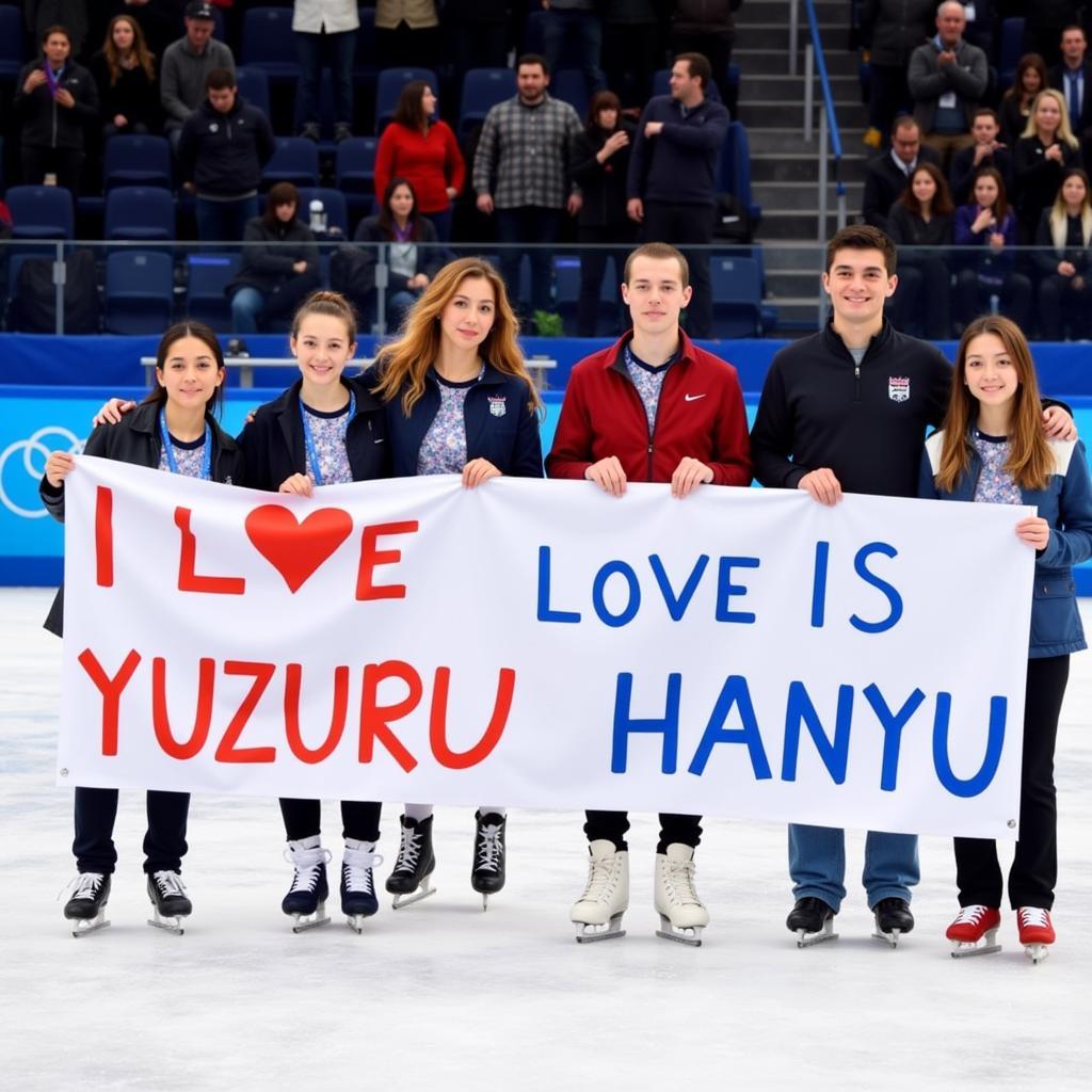 Fans holding a banner supporting Yuzuru Hanyu